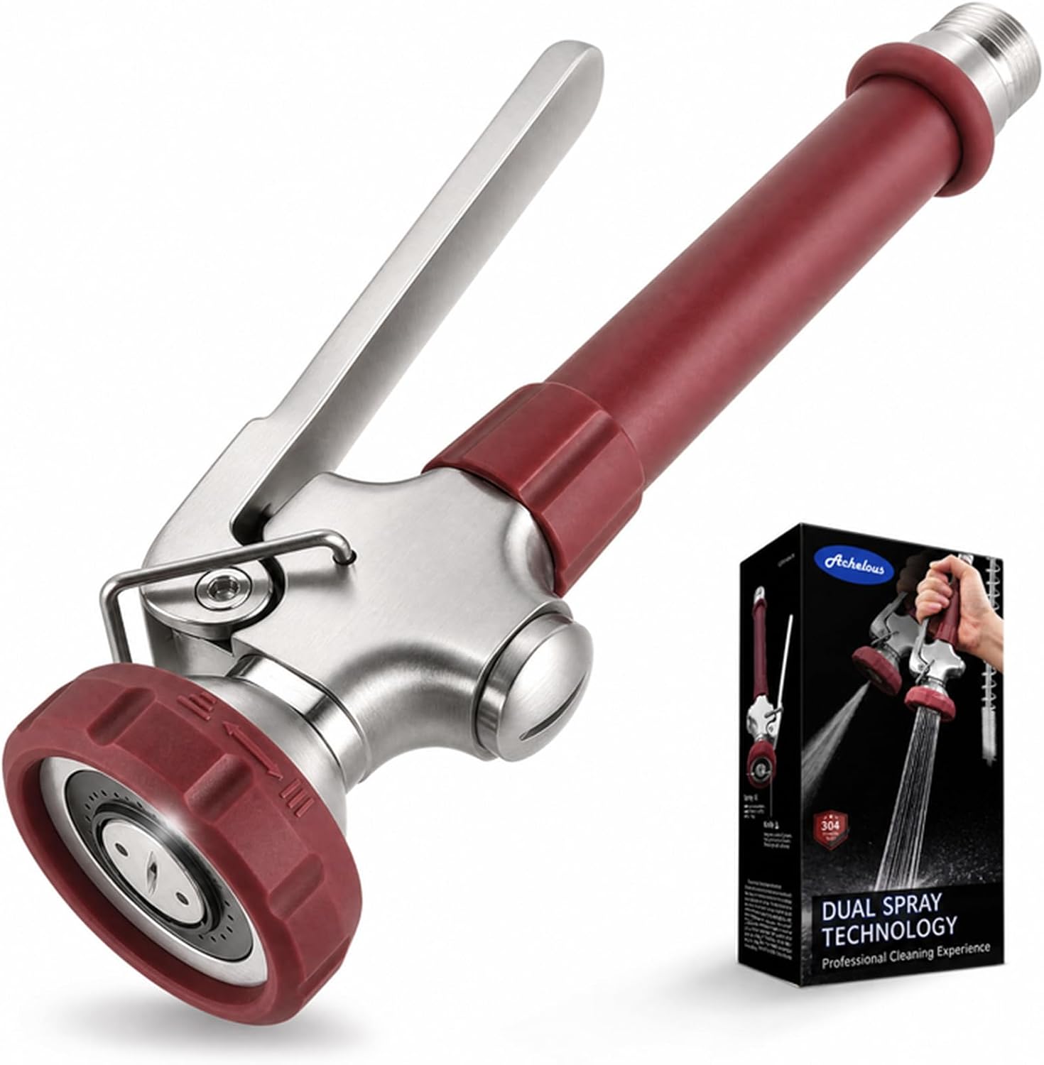 Achelous commercial pre-rinse spray head with 304 stainless steel body, shown with retail packaging