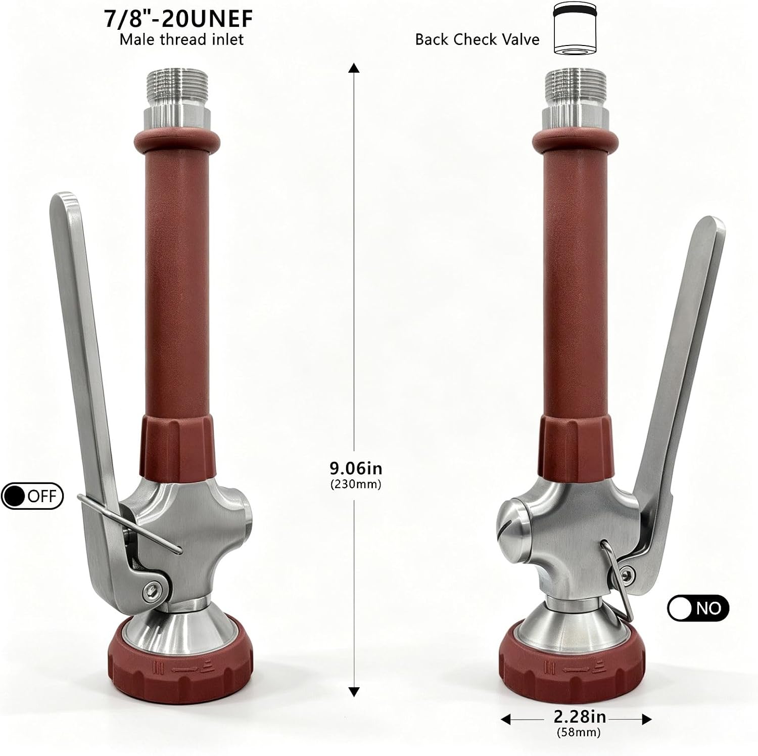 Factory spec diagram labeling the 7/8-20 UNEF male thread inlet, 9.06 inch length and 2.28 inch spray face