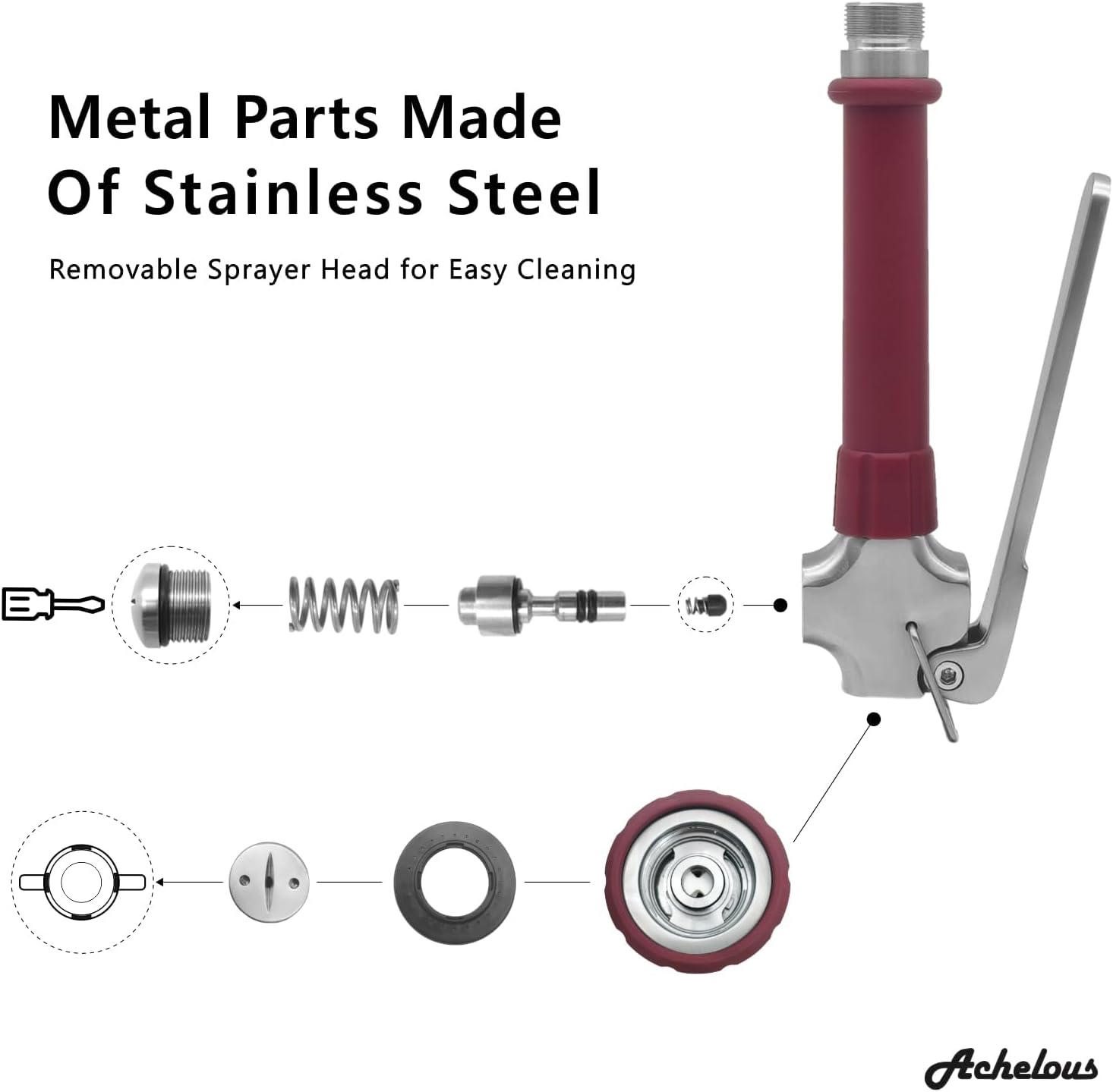 Exploded view showing the removable spray face, spring, cartridge and seals